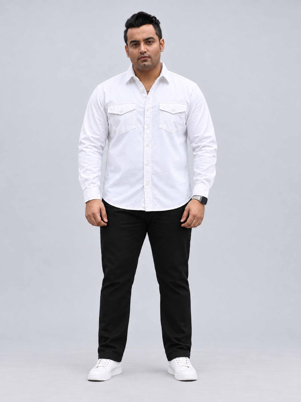 White Denim Lycra Men's Plus Size Double Pocket Full Sleeve Shirt