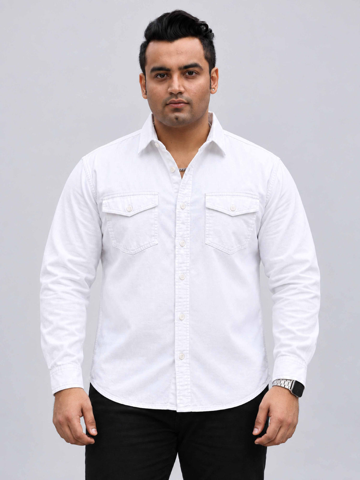 White Denim Lycra Men's Plus Size Double Pocket Full Sleeve Shirt
