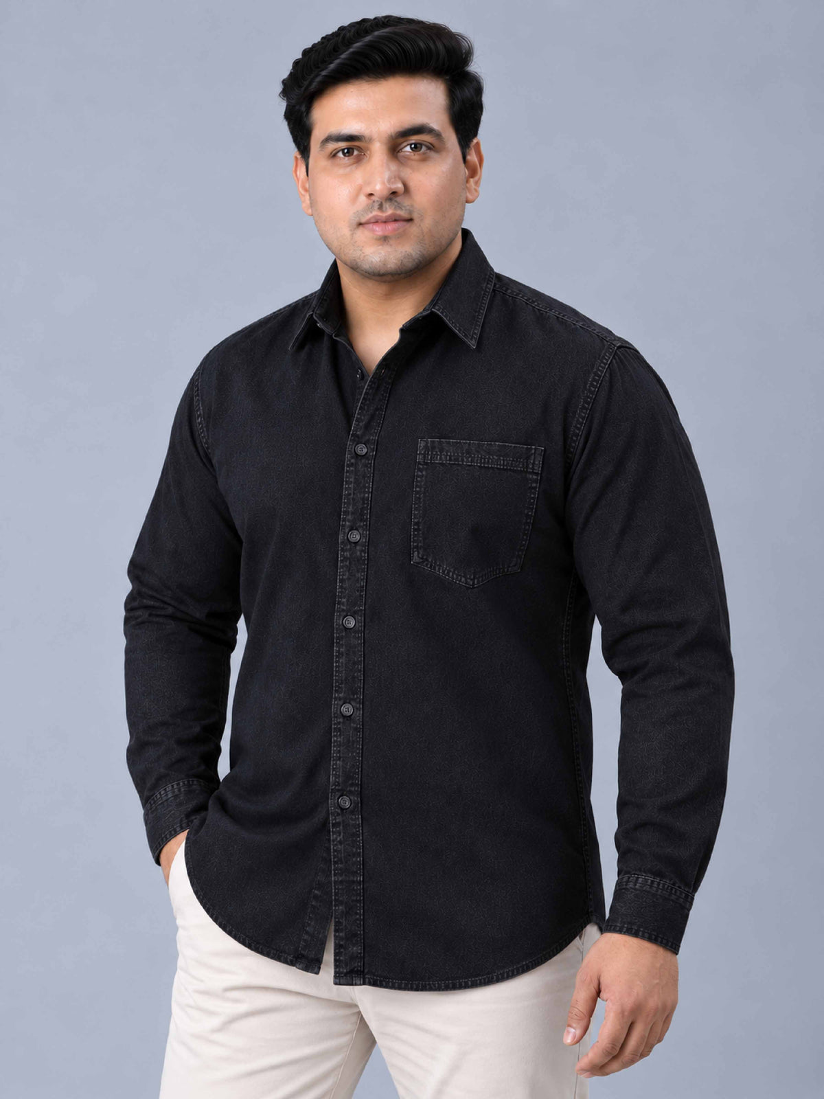 Black Denim Single Pocket Full Sleeve Shirt Men's Plus Size