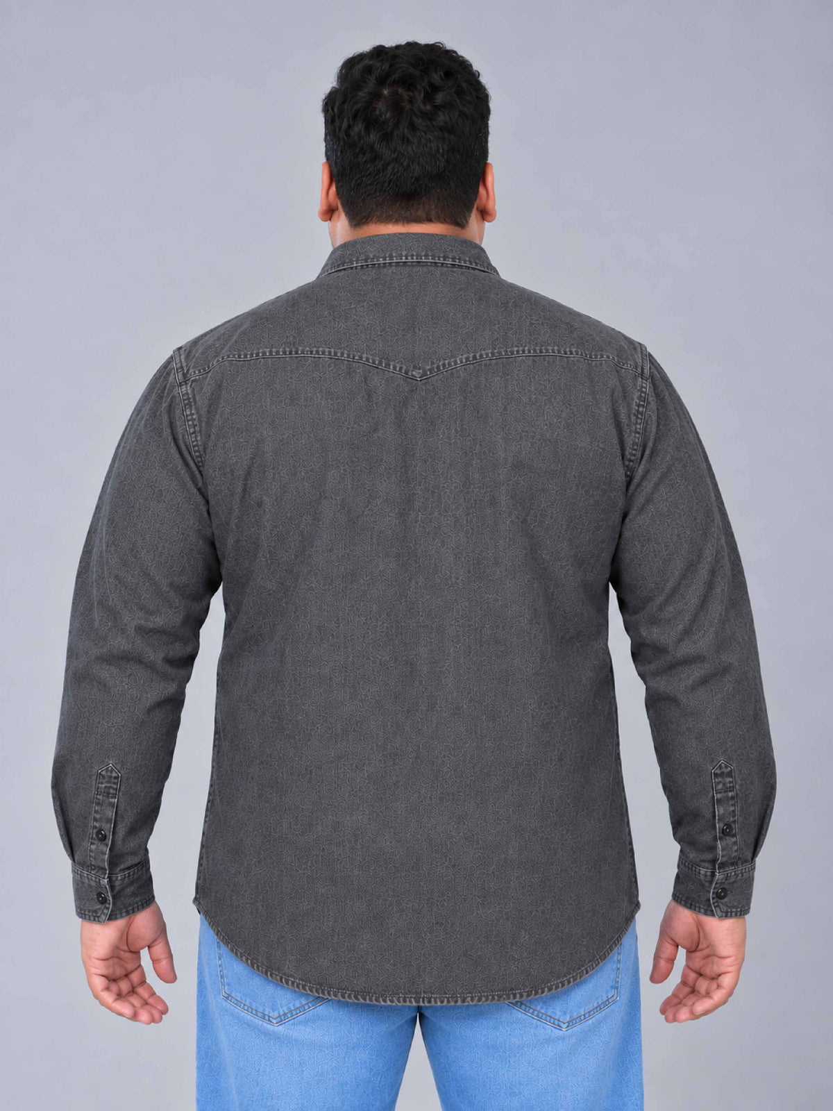 Grey Denim Double Pocket Full Sleeve Shirt Men's Plus Size