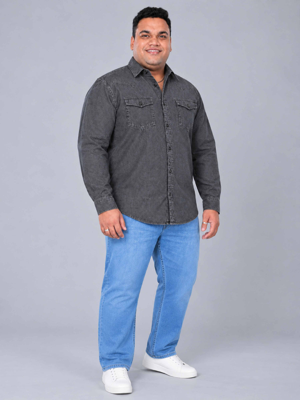 Grey Denim Double Pocket Full Sleeve Shirt Men's Plus Size