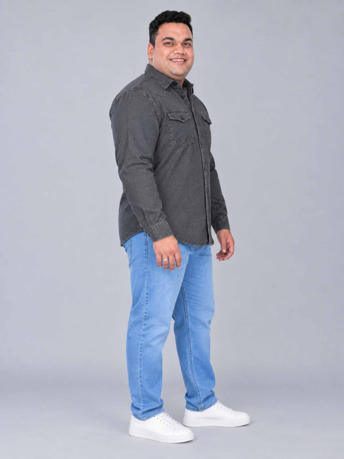 Grey Denim Double Pocket Full Sleeve Shirt Men's Plus Size