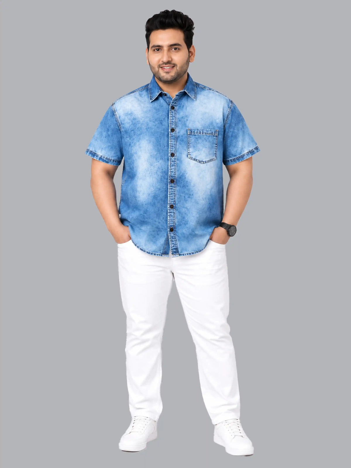 Cloud Wash Men’s Plus Size Denim Half Sleeve Shirt