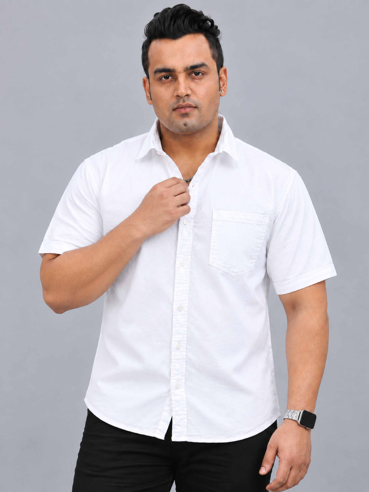 White Denim Lycra Men's Plus Size Half Sleeve Shirt