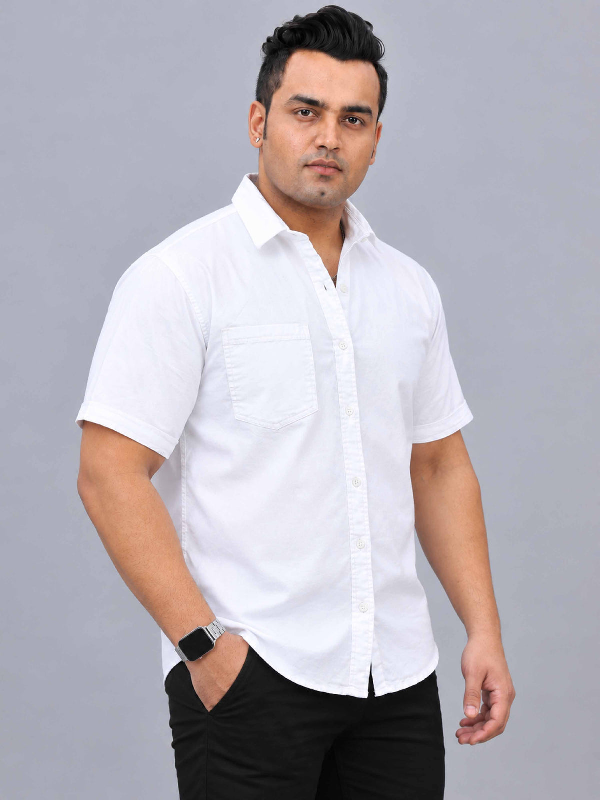 White Denim Lycra Men's Plus Size Half Sleeve Shirt