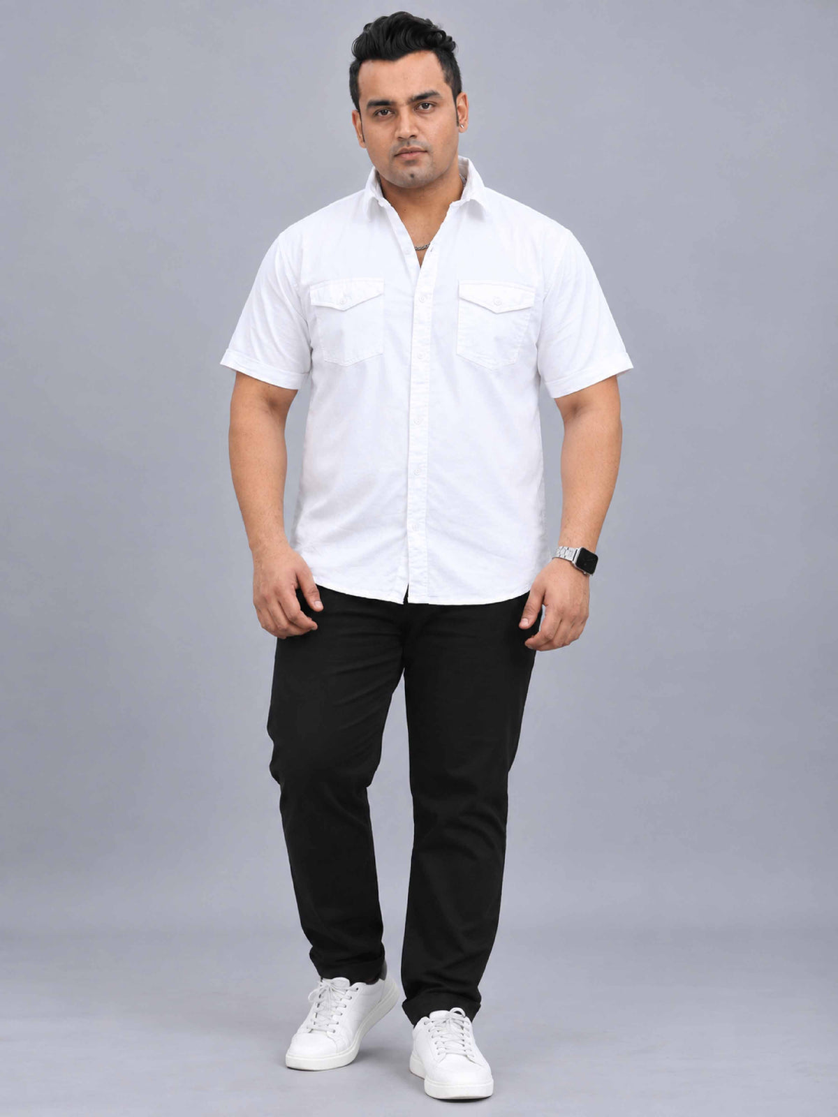 White Denim Lycra Men's Plus Size Double Pocket Half Sleeve Shirt