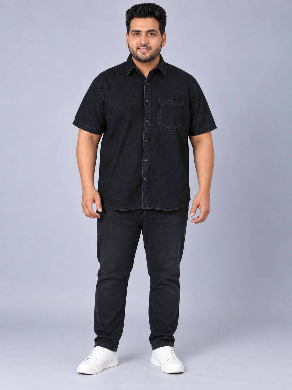 Black Denim Single Pocket Half Sleeve Shirt Men's Plus Size