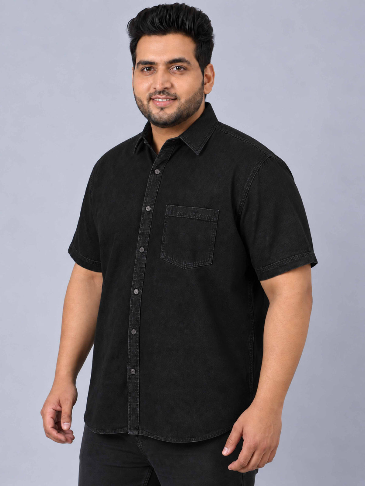 Black Denim Single Pocket Half Sleeve Shirt Men's Plus Size