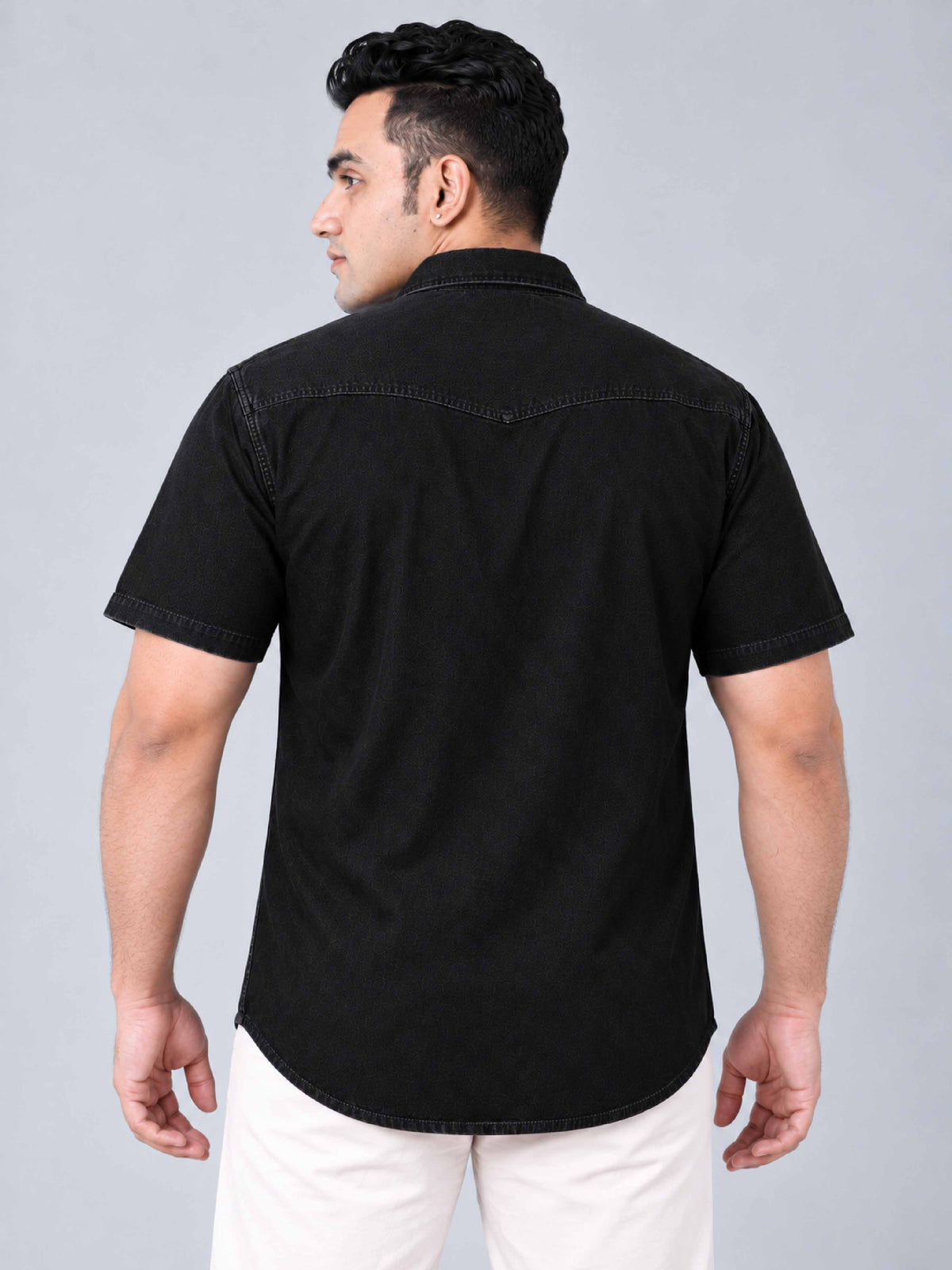 Black Denim Double Pocket Half Sleeve Shirt Men's Plus Size