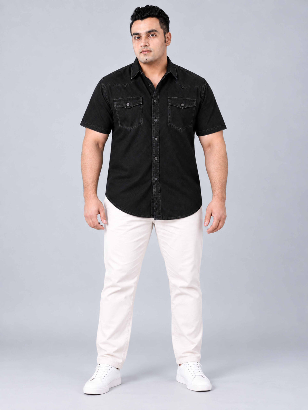 Black Denim Double Pocket Half Sleeve Shirt Men's Plus Size