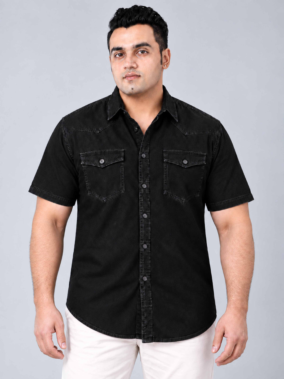 Black Denim Double Pocket Half Sleeve Shirt Men's Plus Size