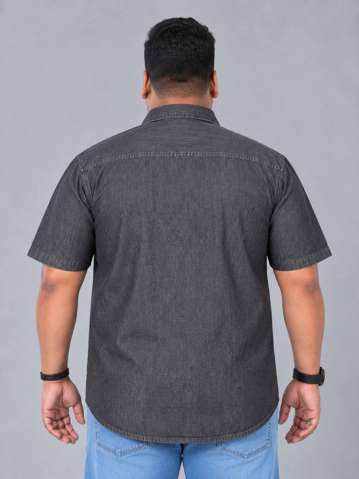 Grey Denim Single Pocket Half Sleeve Shirt Men's Plus Size