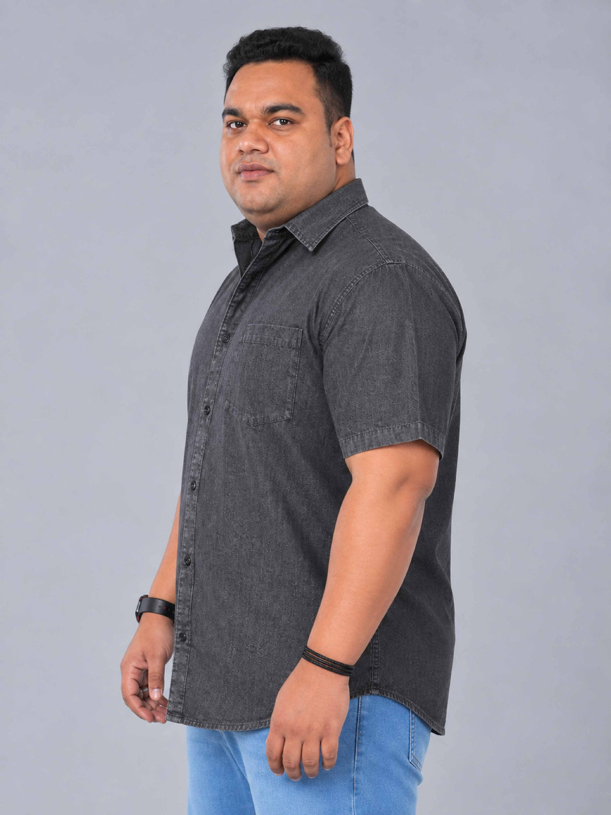 Grey Denim Single Pocket Half Sleeve Shirt Men's Plus Size