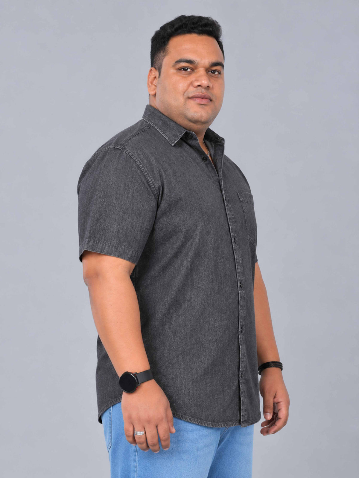 Grey Denim Single Pocket Half Sleeve Shirt Men's Plus Size