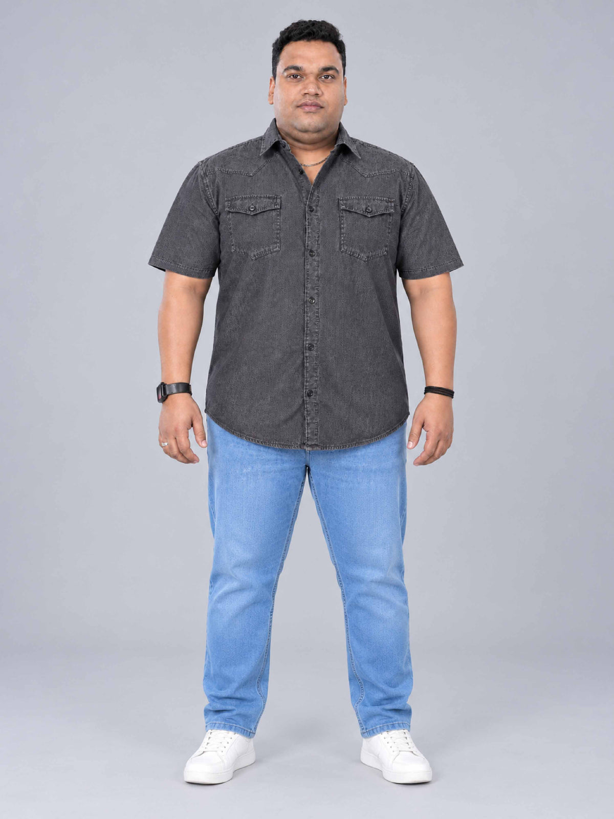 Grey Denim Double Pocket Half Sleeve Shirt Men's Plus Size
