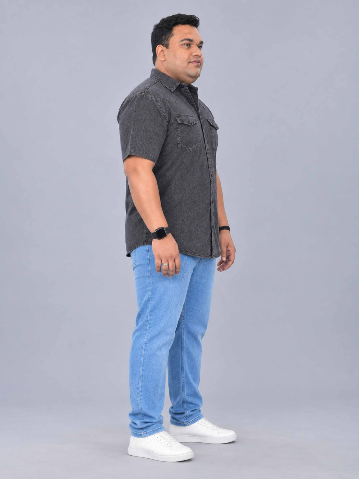 Grey Denim Double Pocket Half Sleeve Shirt Men's Plus Size