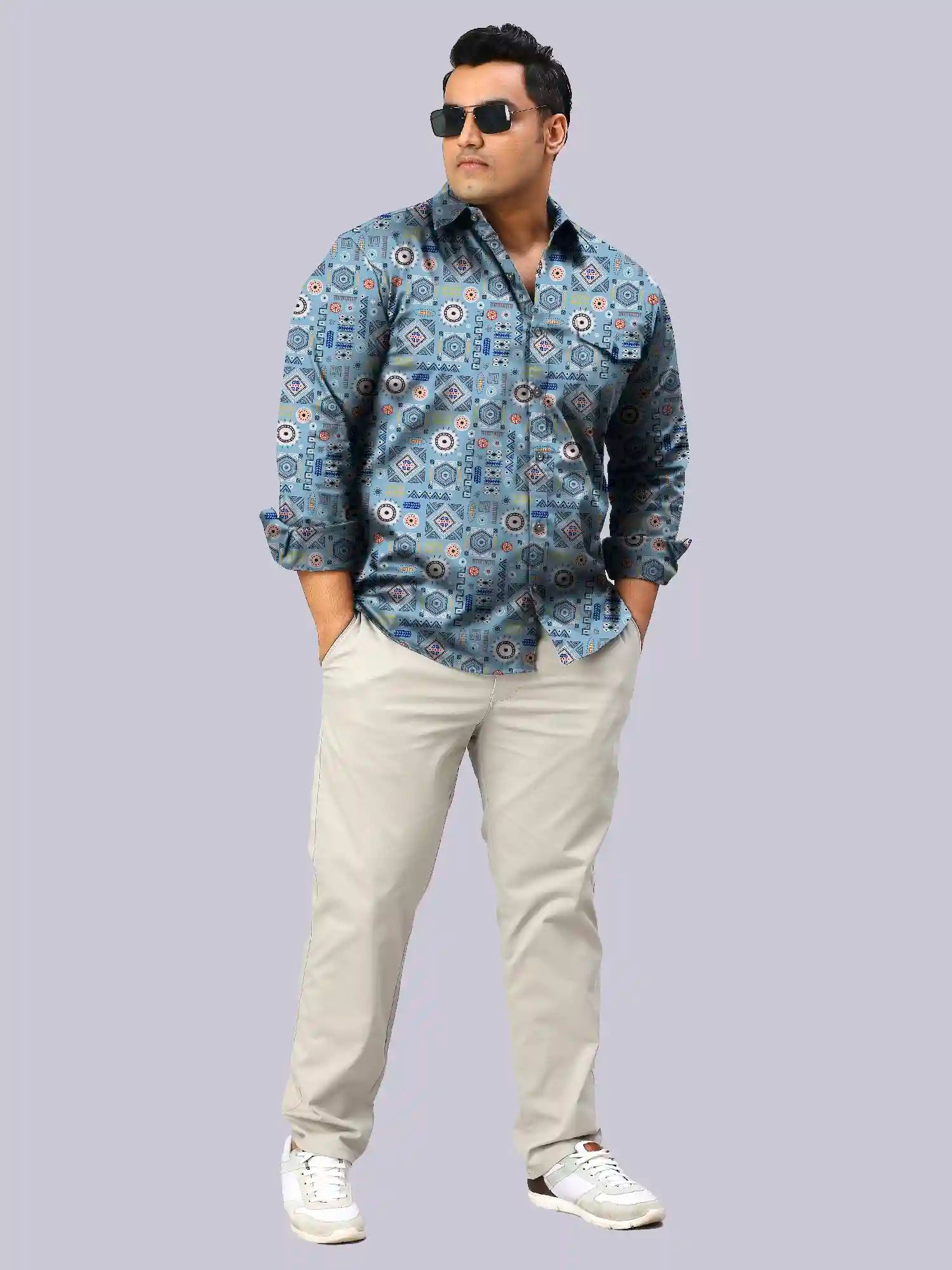 Men's Plus Size African Arts Blue Digital Printed Linen Full Shirt
