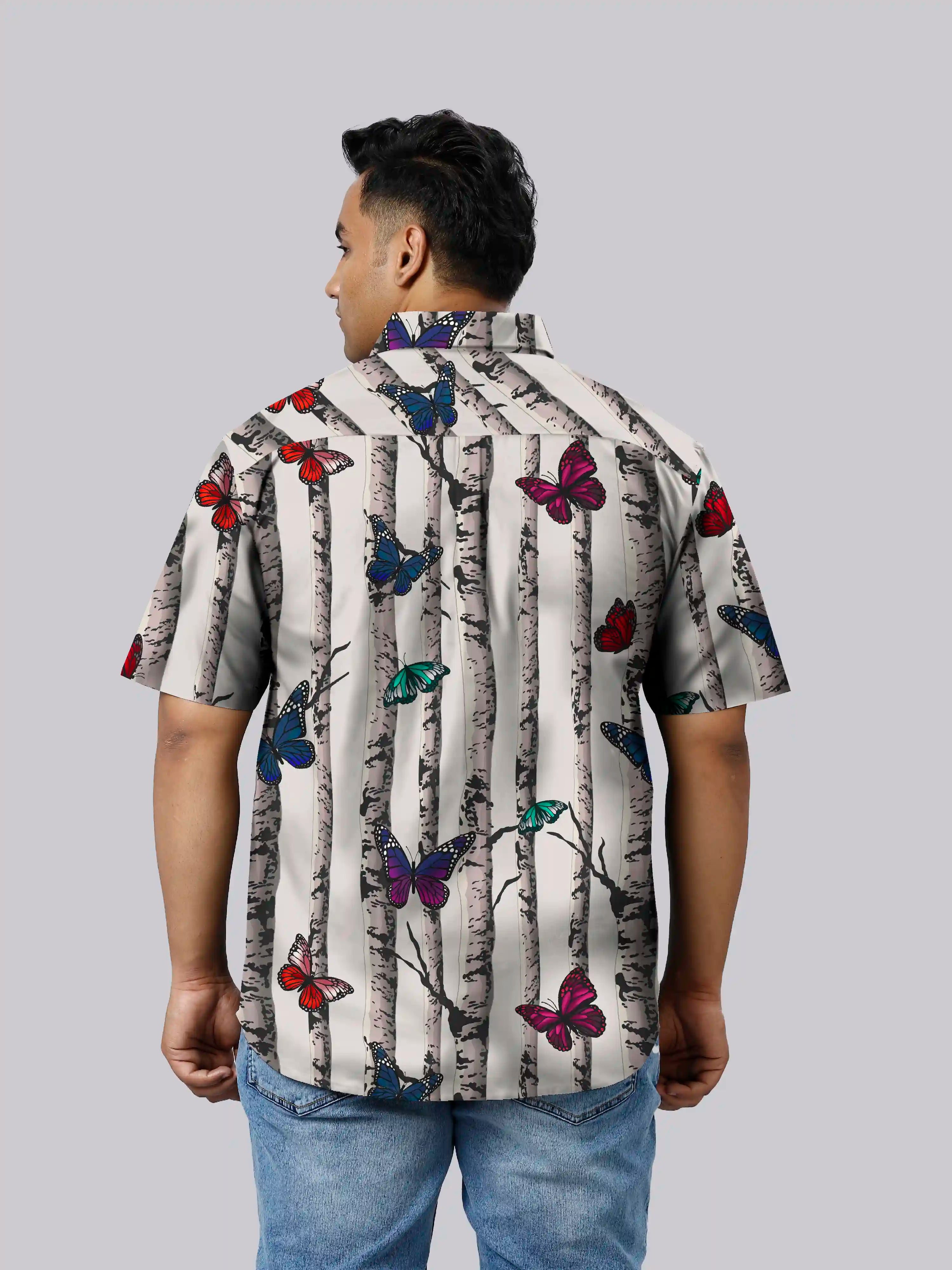 Flying Butterfly Linen Printed Shirt Men's Plus Size