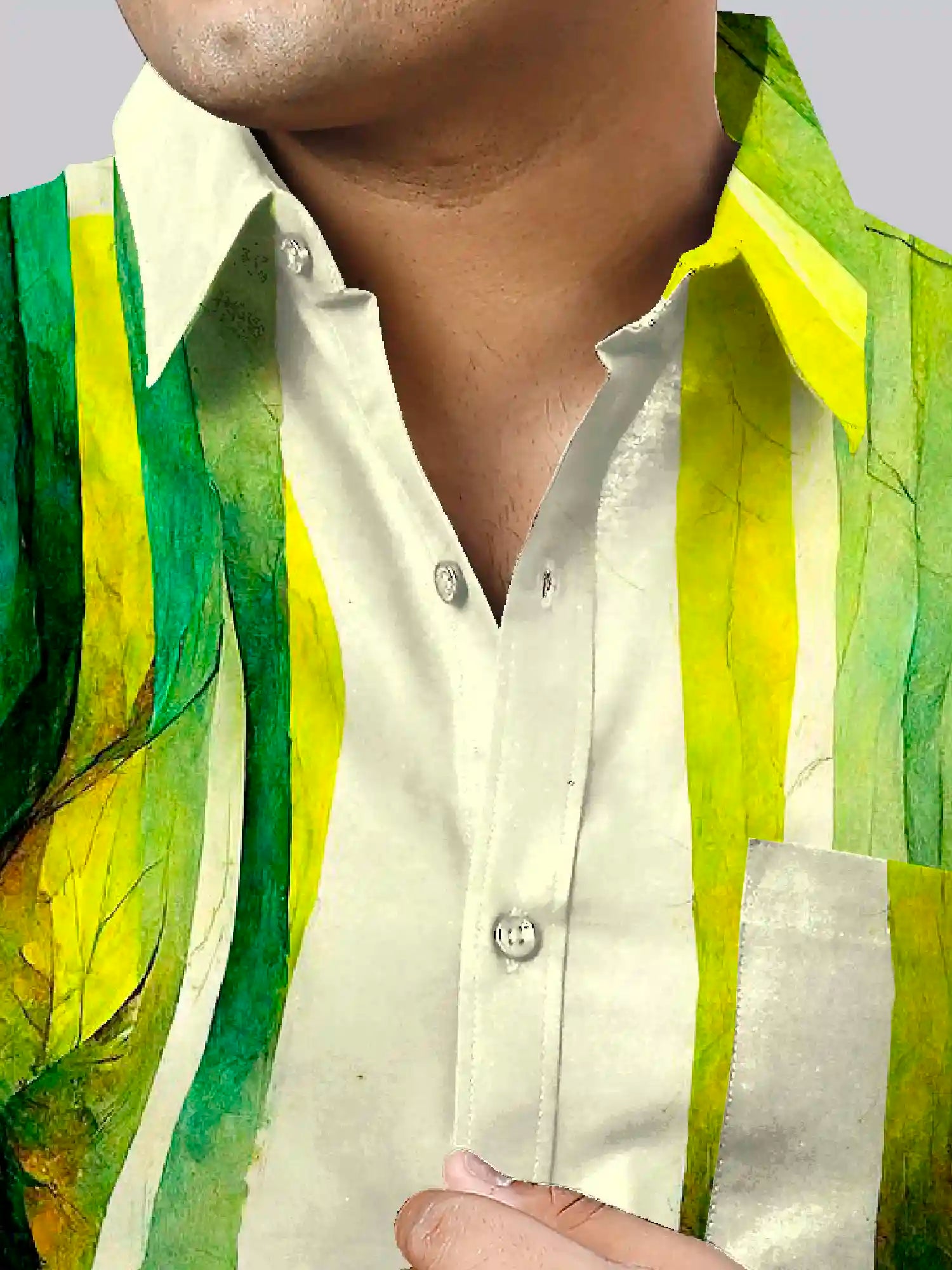 Green Abstract Printed Linen Printed Shirt Men's Plus Size