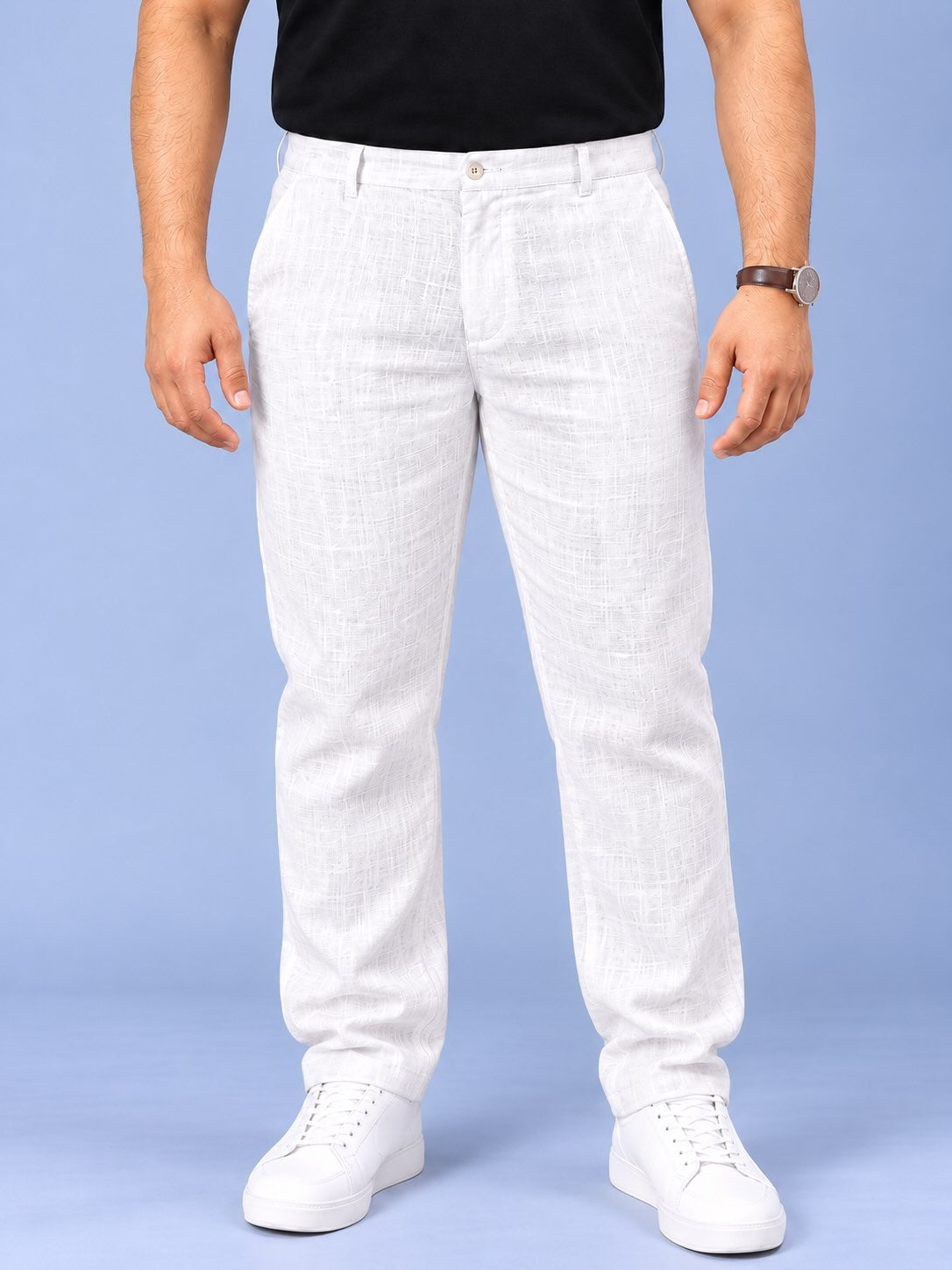 White Pure Linen Men's Plus Size Full Pant