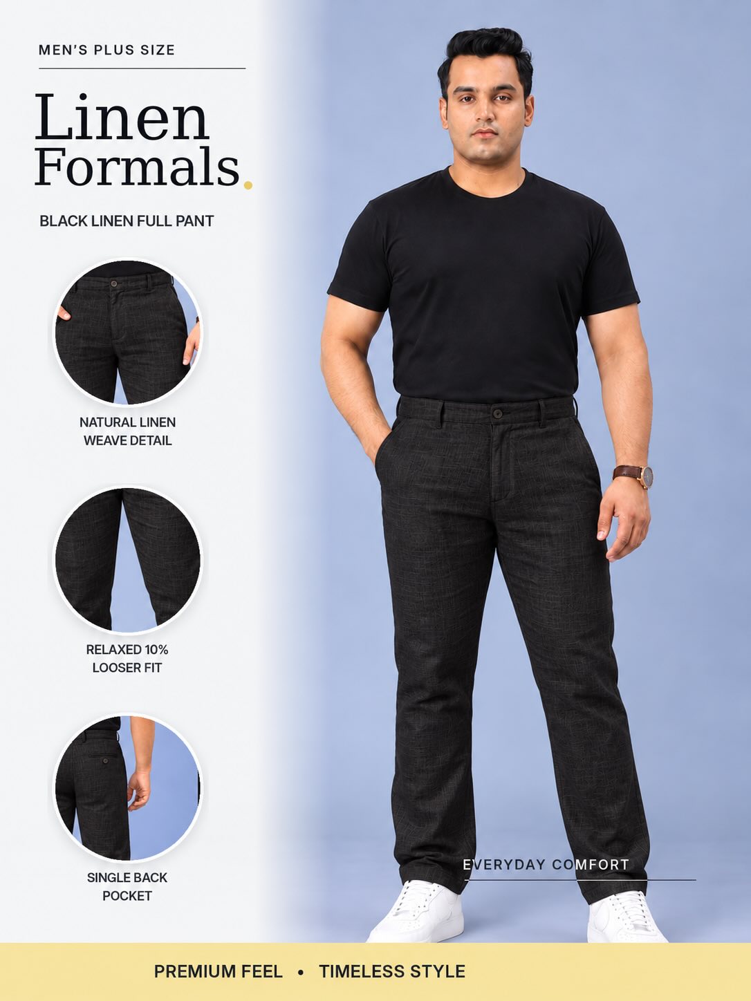 Black Pure Linen Men's Plus Size Full Pant