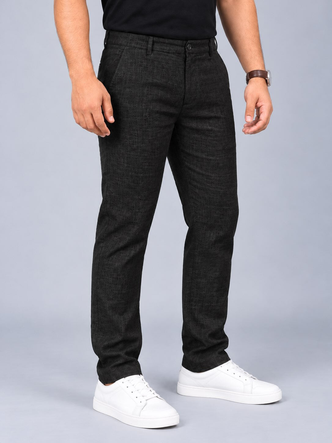 Black Pure Linen Men's Plus Size Full Pant