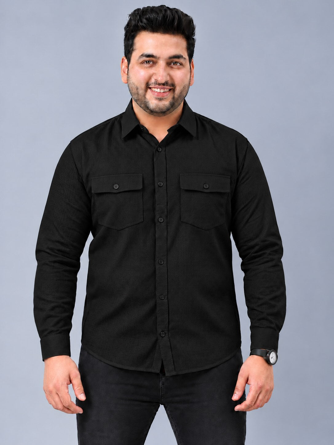Black Linen Men's Plus Size Double Pocket Full Sleeve Shirt