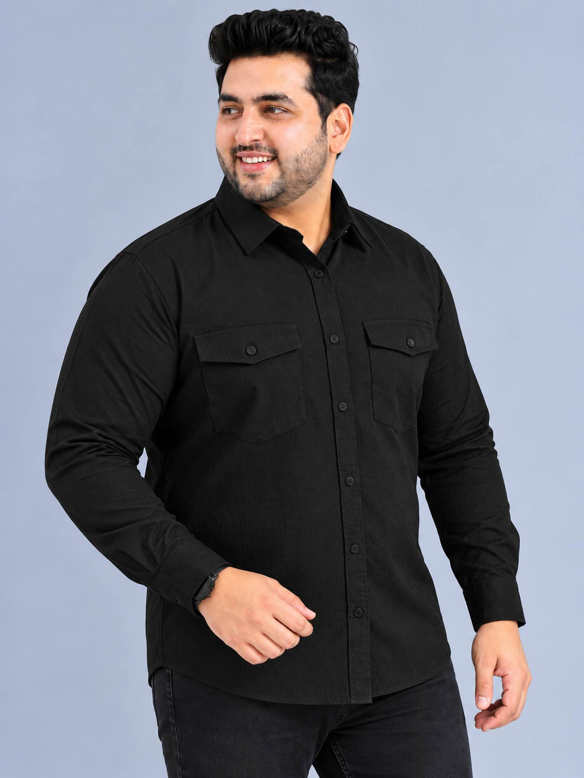 Black Linen Men's Plus Size Double Pocket Full Sleeve Shirt