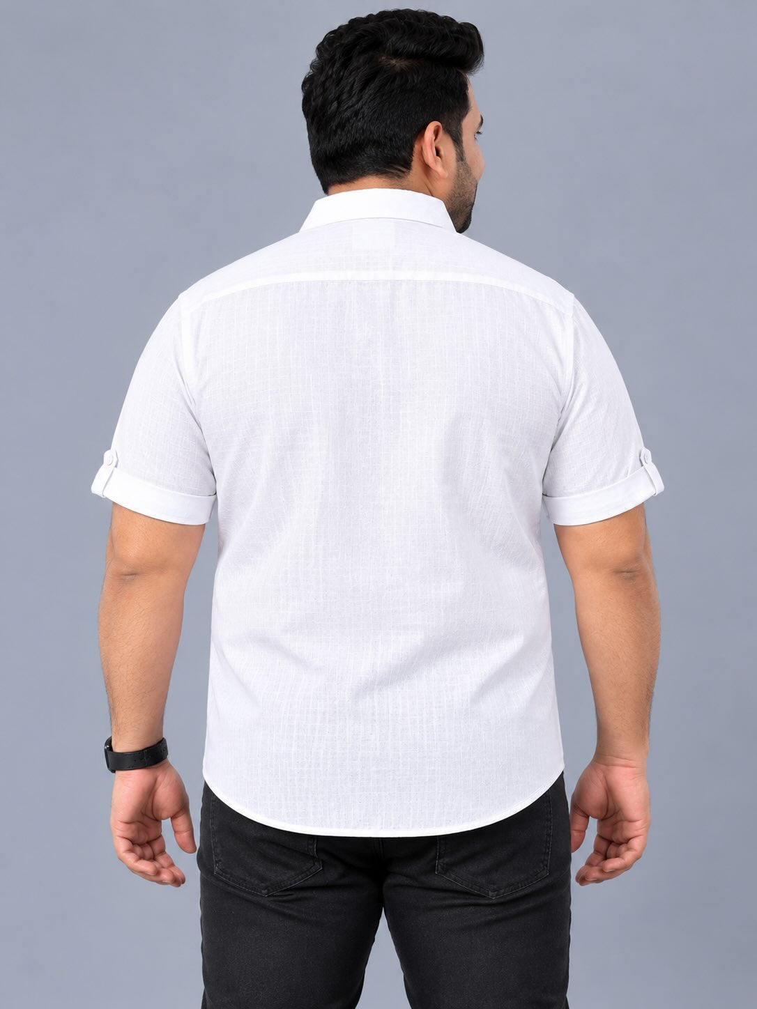 White Linen Men's Plus Size Double Pocket Half Sleeve Shirt