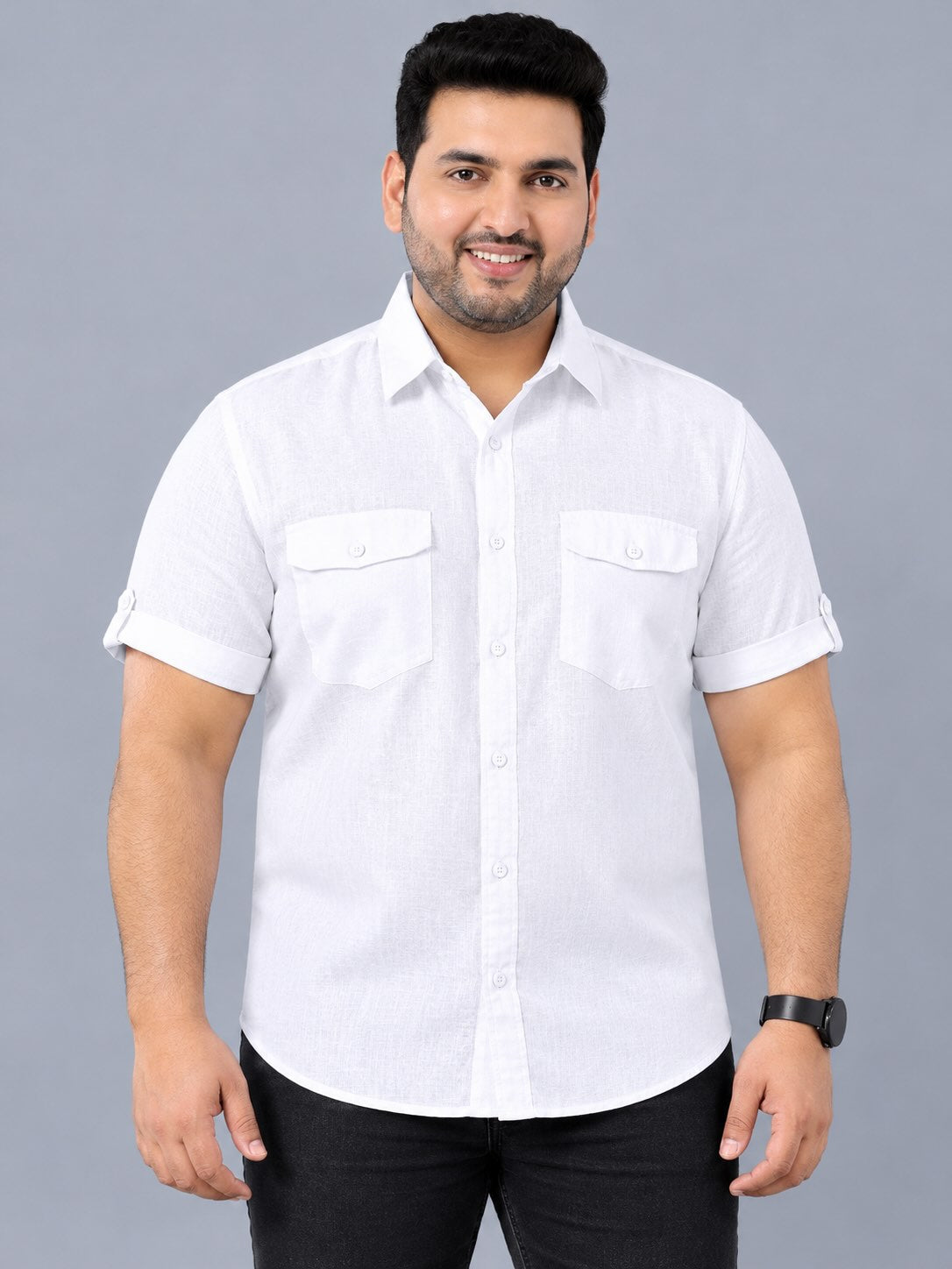 White Linen Men's Plus Size Double Pocket Half Sleeve Shirt