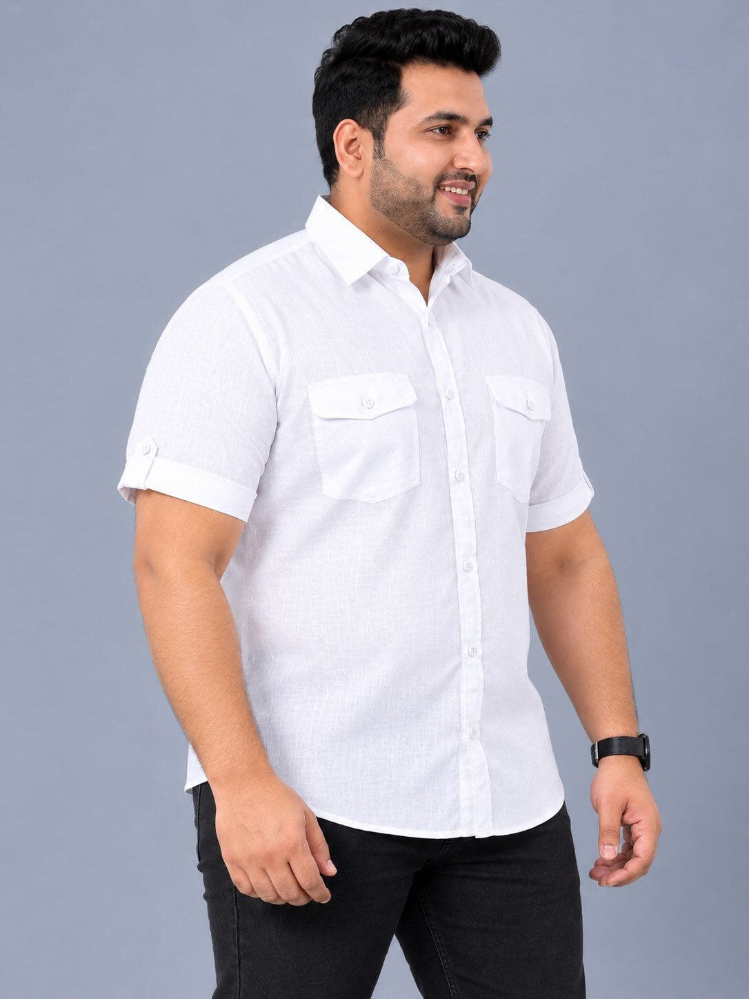 White Linen Men's Plus Size Double Pocket Half Sleeve Shirt