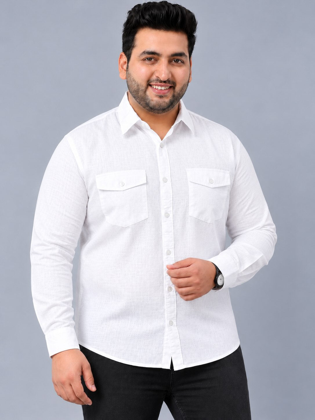 White Linen Men's Plus Size Double Pocket Full Sleeve Shirt