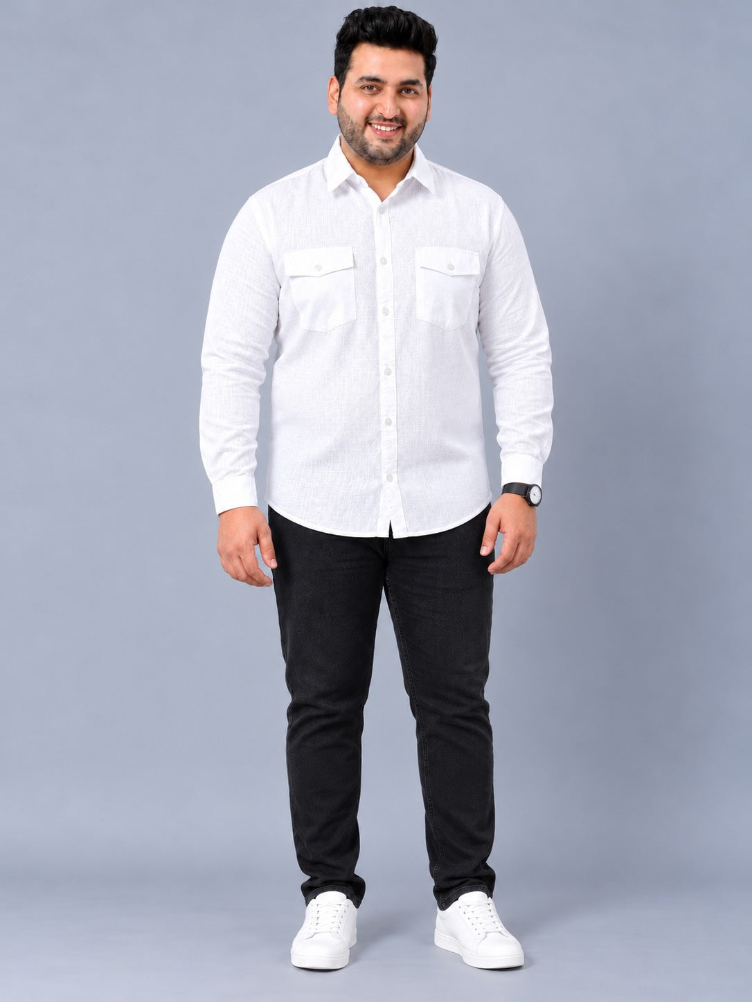 White Linen Men's Plus Size Double Pocket Full Sleeve Shirt