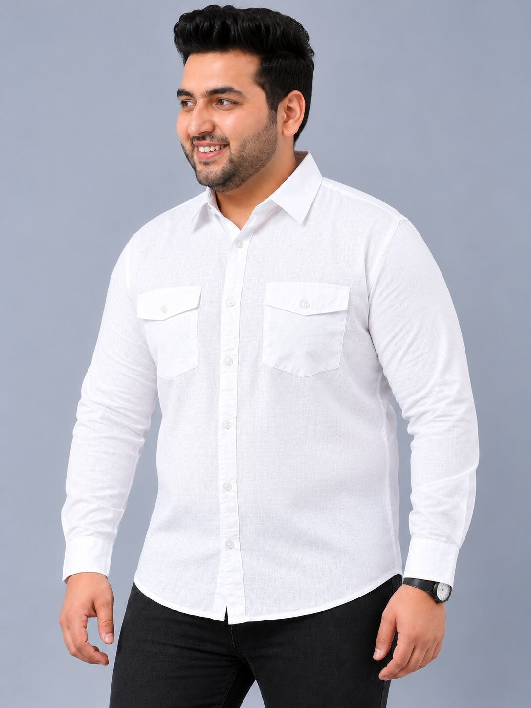 White Linen Men's Plus Size Double Pocket Full Sleeve Shirt