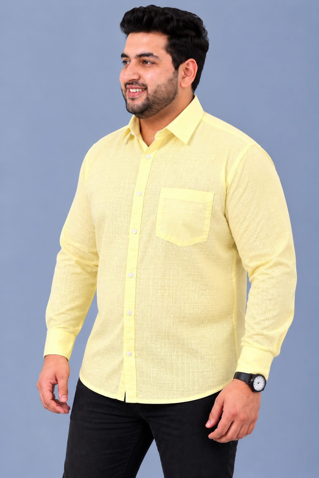 Yellow Linen Men’s Plus Size Full Sleeve Shirt