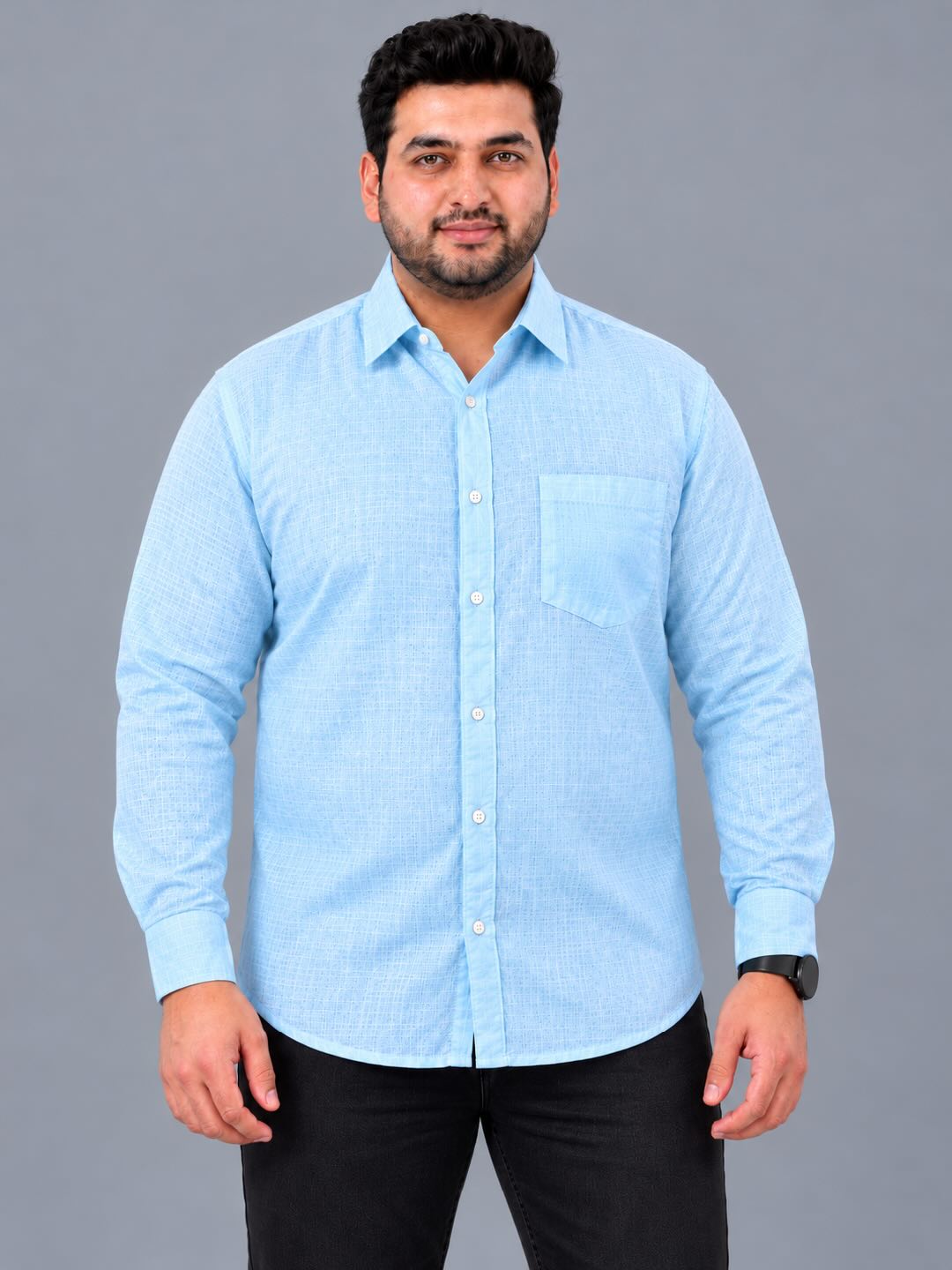 Light Blue Linen Men’s Plus Size Full Sleeve Shirt