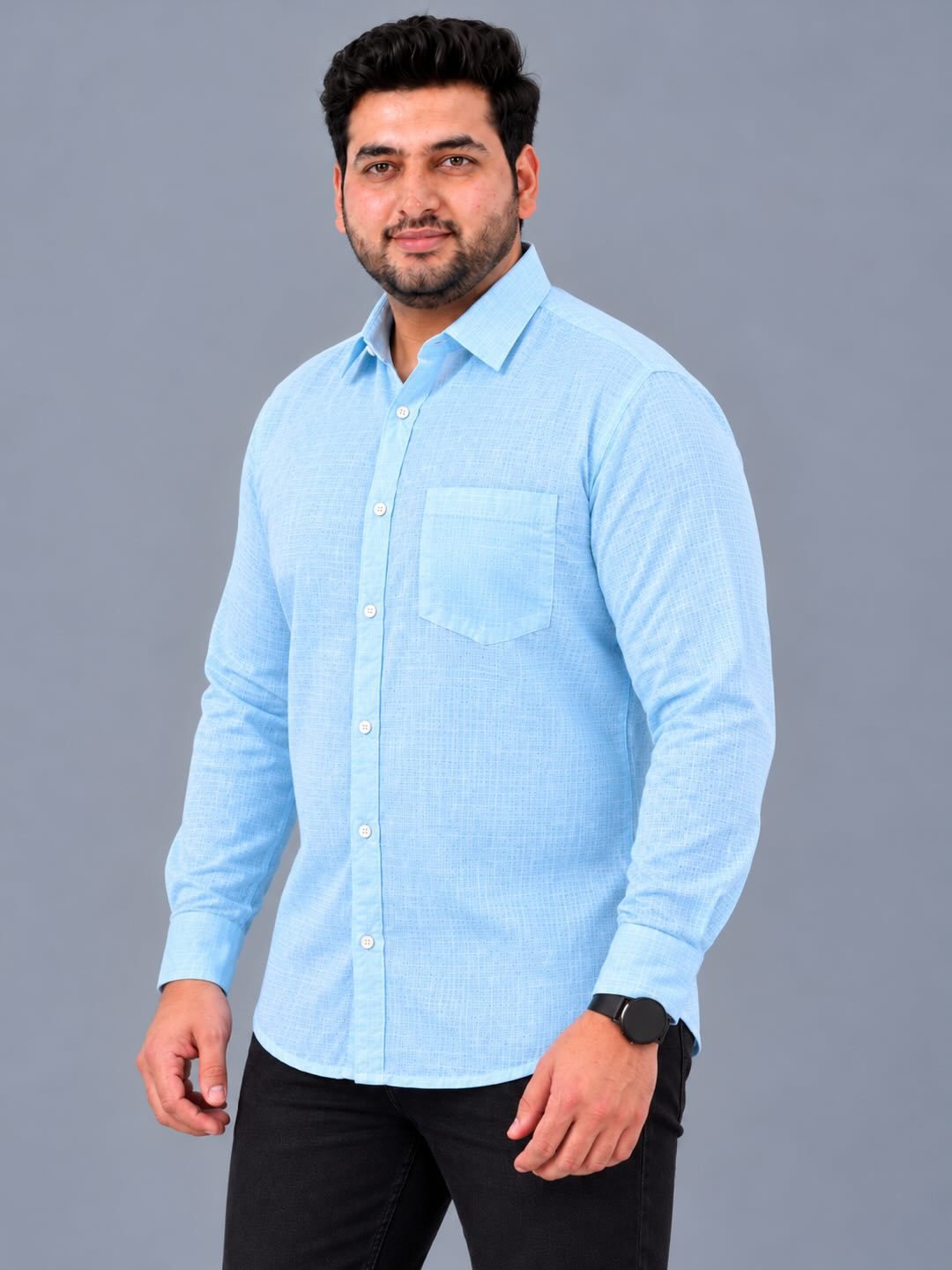 Light Blue Linen Men’s Plus Size Full Sleeve Shirt