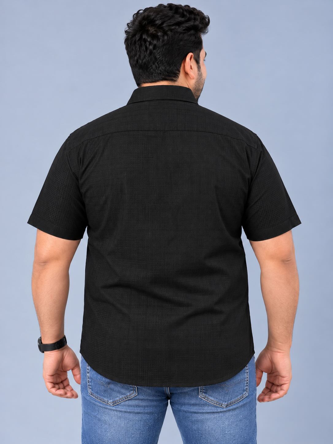 Black Linen Men's Plus Size Double Pocket Half Sleeve Shirt