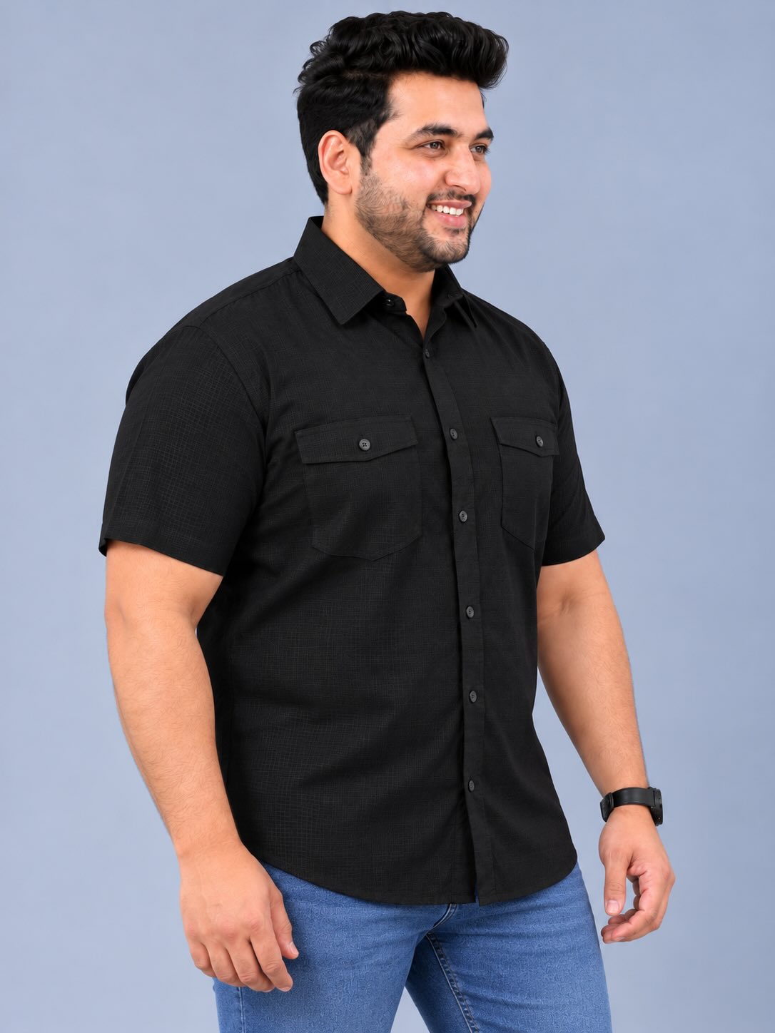 Black Linen Men's Plus Size Double Pocket Half Sleeve Shirt