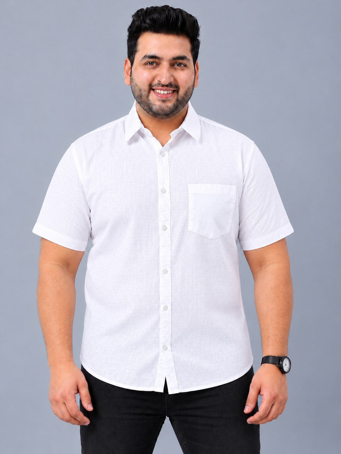 White Linen Men's Plus Size Half Sleeve Shirt