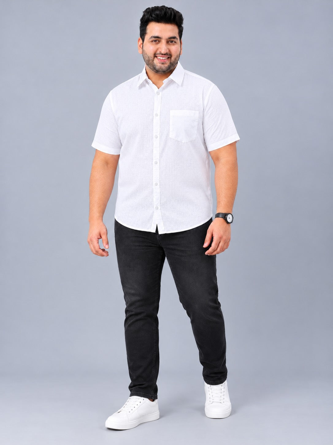 White Linen Men's Plus Size Half Sleeve Shirt