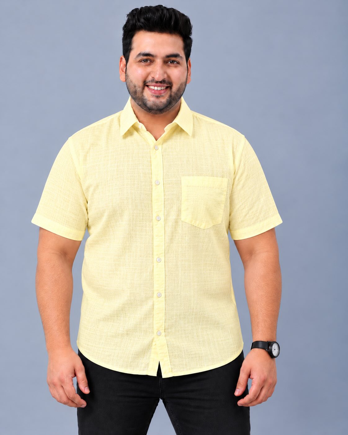 Yellow Linen Men's Plus Size Half Sleeve Shirt