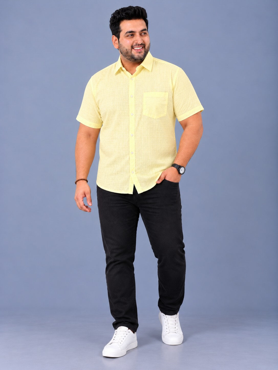 Yellow Linen Men's Plus Size Half Sleeve Shirt