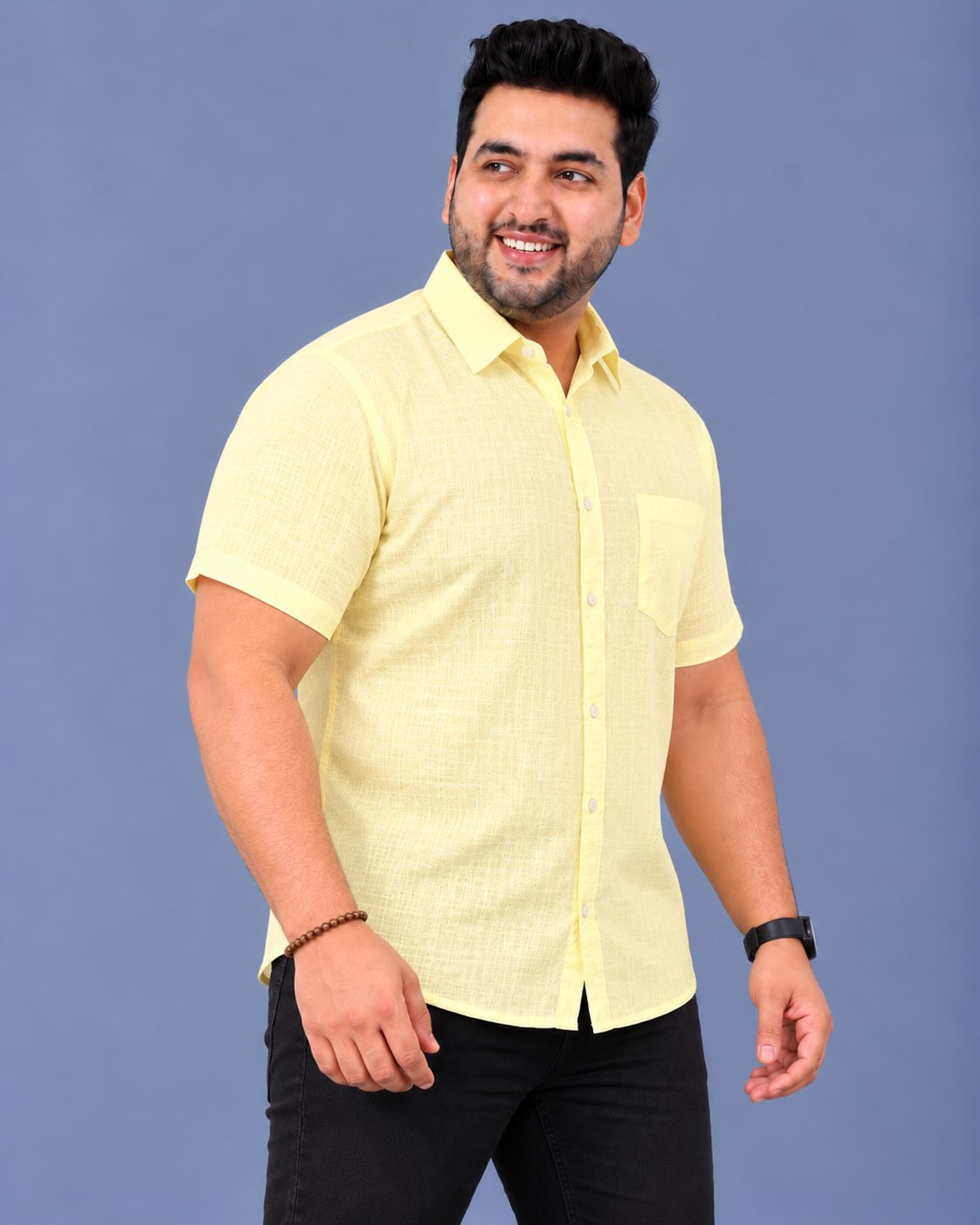 Yellow Linen Men's Plus Size Half Sleeve Shirt