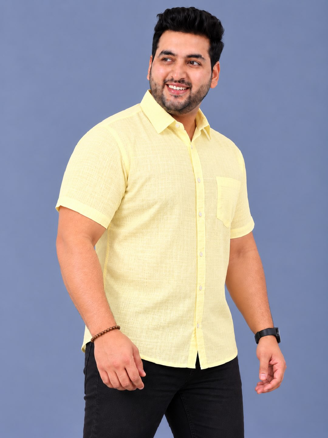 Yellow Linen Men's Plus Size Half Sleeve Shirt