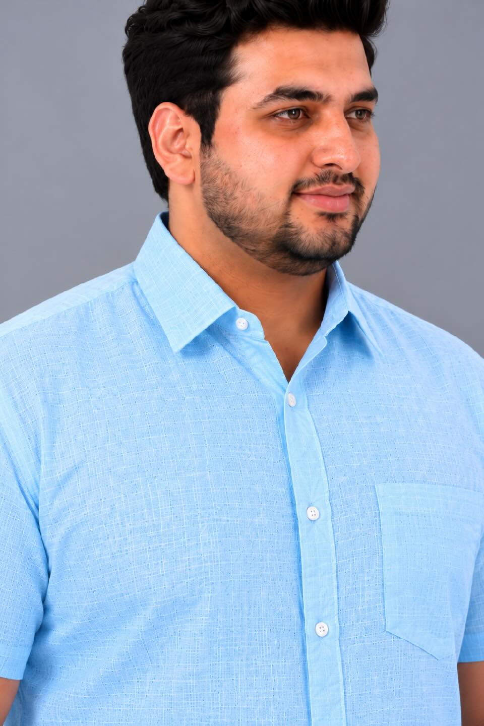 Light Blue Linen Men's Plus Size Half Sleeve Shirt