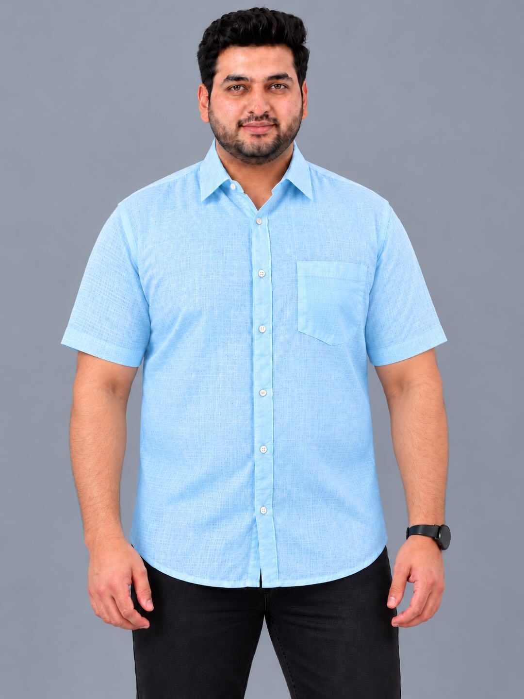 Light Blue Linen Men's Plus Size Half Sleeve Shirt