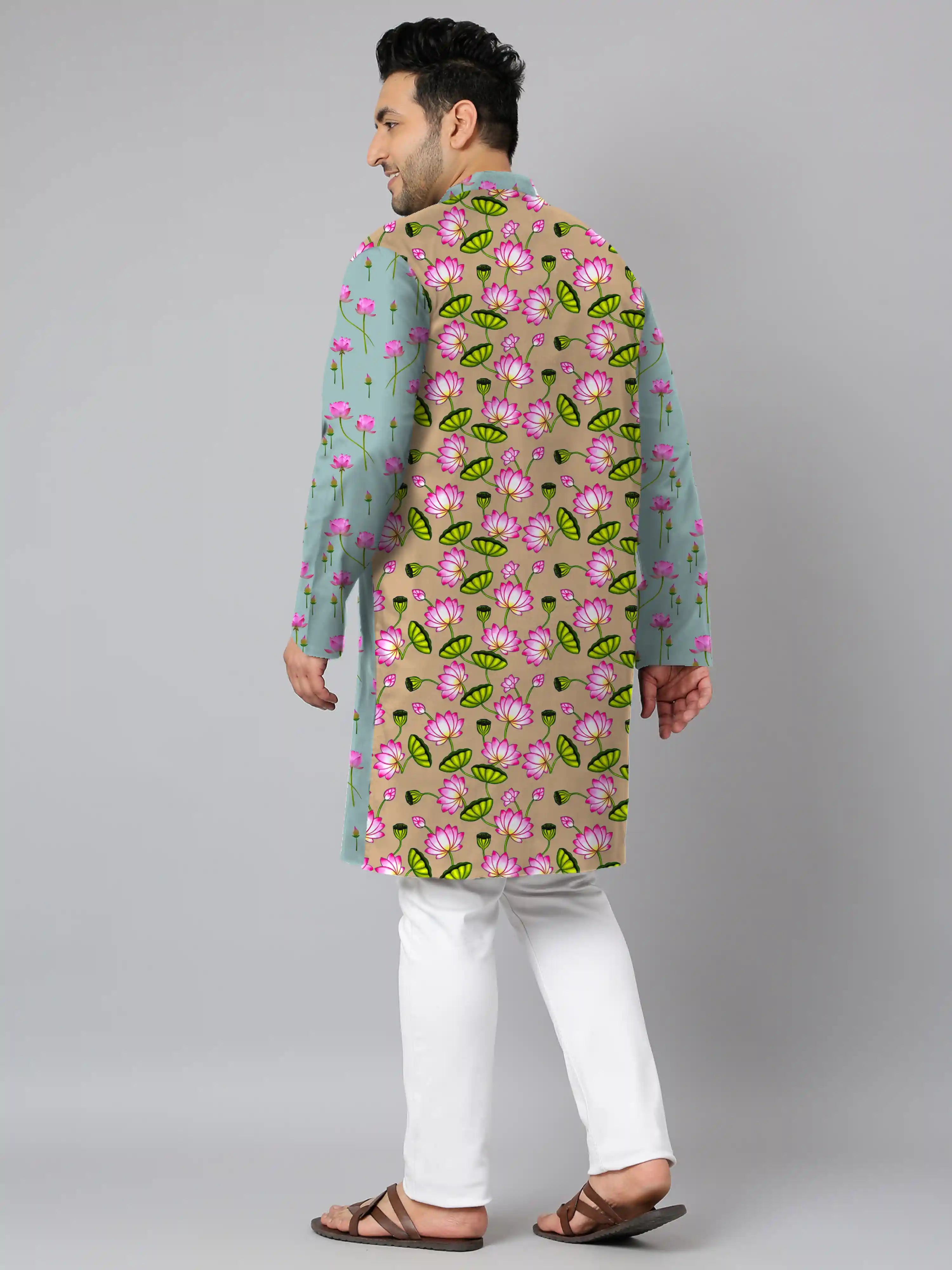 Pink Lotus and Leaves Digital Printed Plus Size Kurta