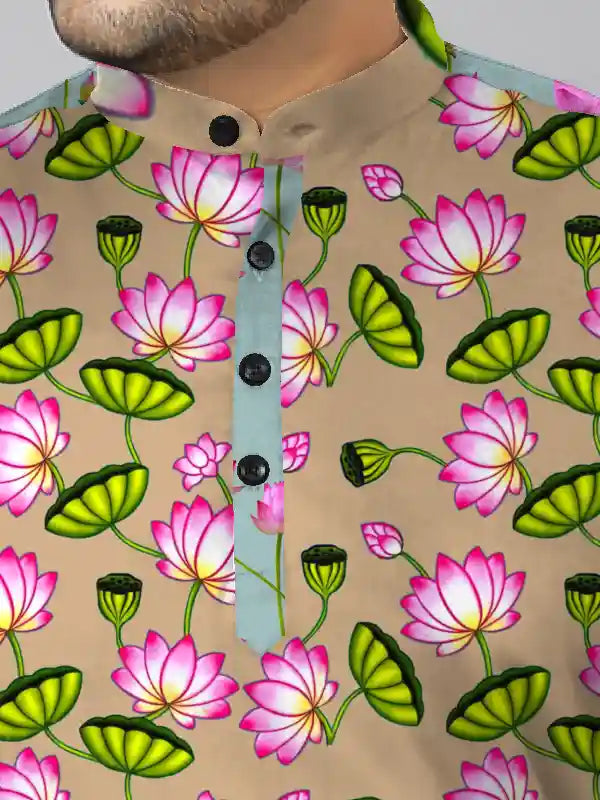 Pink Lotus and Leaves Digital Printed Plus Size Kurta