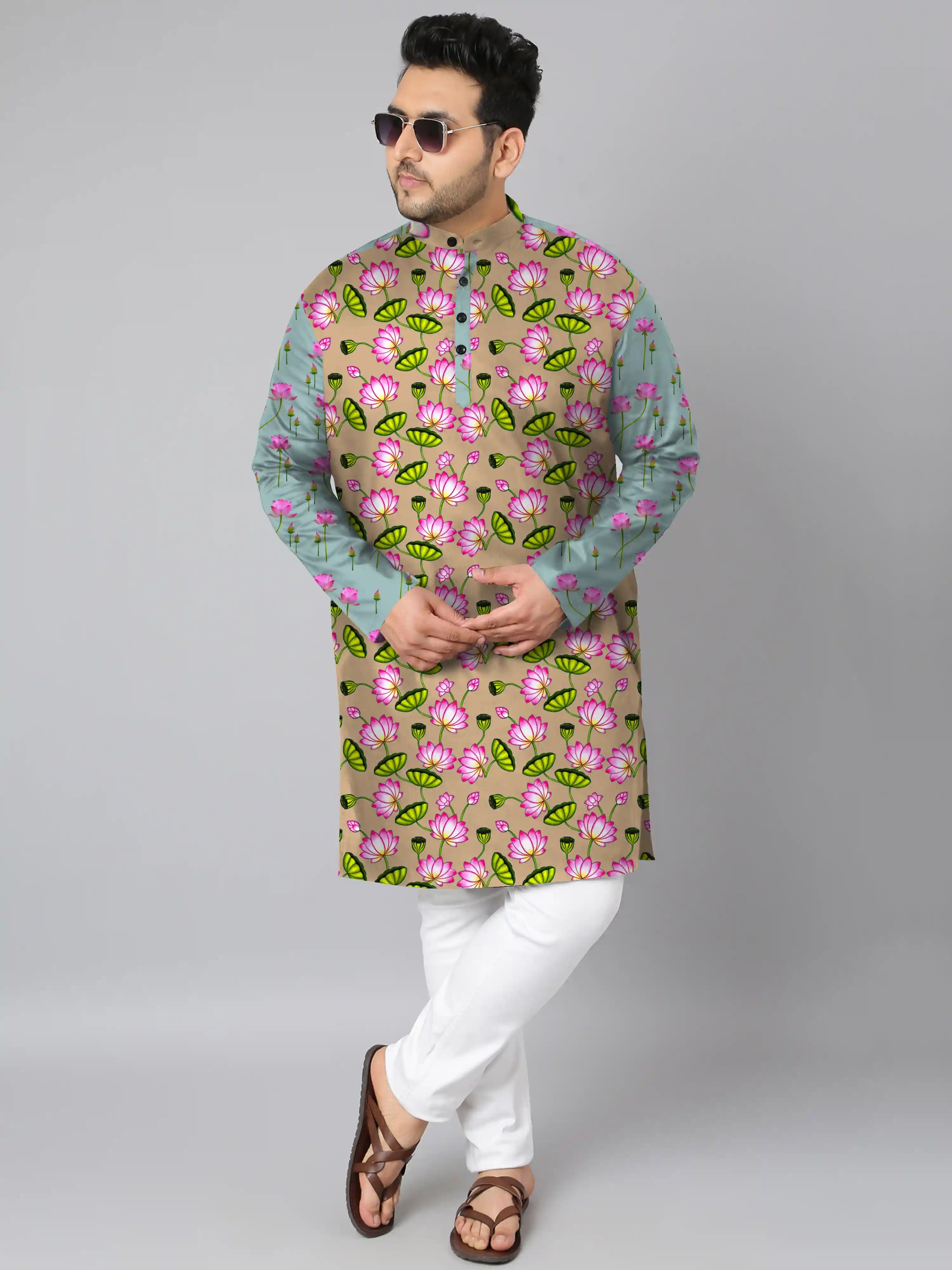 Pink Lotus and Leaves Digital Printed Plus Size Kurta